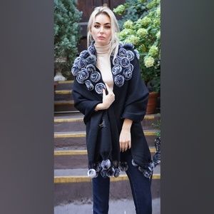 Black Wool Cashmere Cape Rex Rabbit Flowers